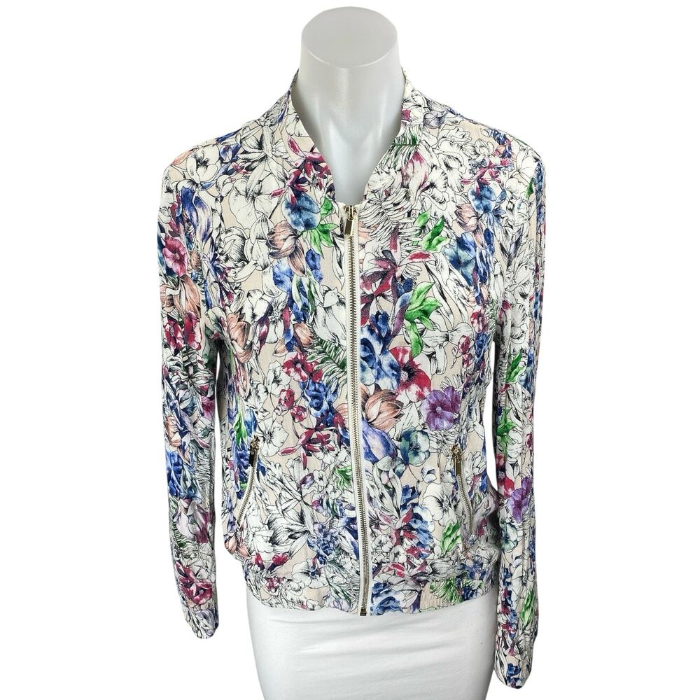 H&M Women's Multicolor Floral Long Sleeve Pocket Zip Up Bomber Jacket Size 8